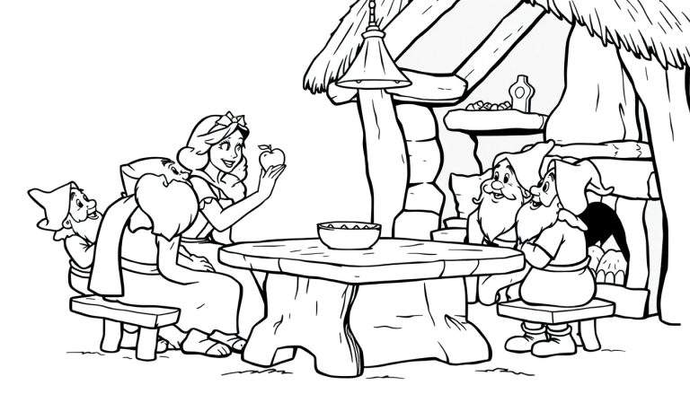 Desenho a linha de uma princesa sorridente sentada à mesa com uma maçã, ladeada por quatro anões com chapéus pontudos, em frente a uma casa rústica com telhado de colmo.