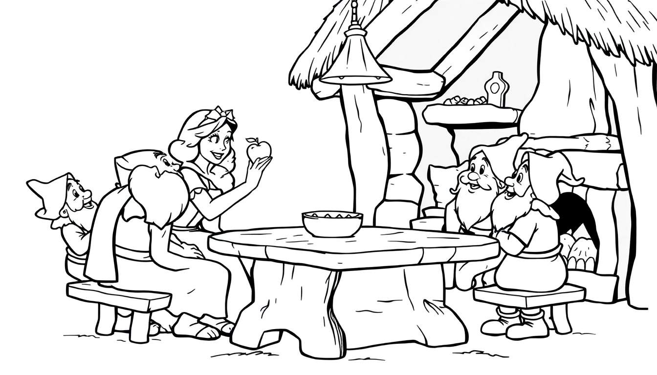 Desenho a linha de uma princesa sorridente sentada à mesa com uma maçã, ladeada por quatro anões com chapéus pontudos, em frente a uma casa rústica com telhado de colmo.