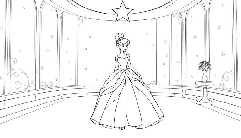 Página de colorir em preto e branco de uma princesa em um vestido de baile, em um salão com janelas em arco mostrando um céu estrelado.