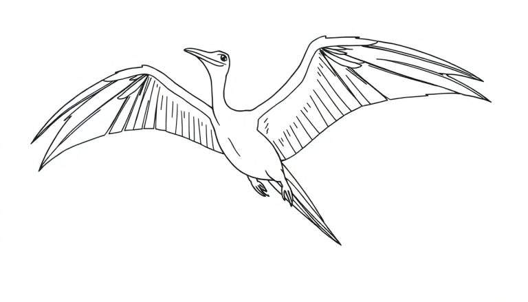 Desenho em preto e branco de um pterossauro a voar com asas abertas, pescoço longo e cauda afilada.