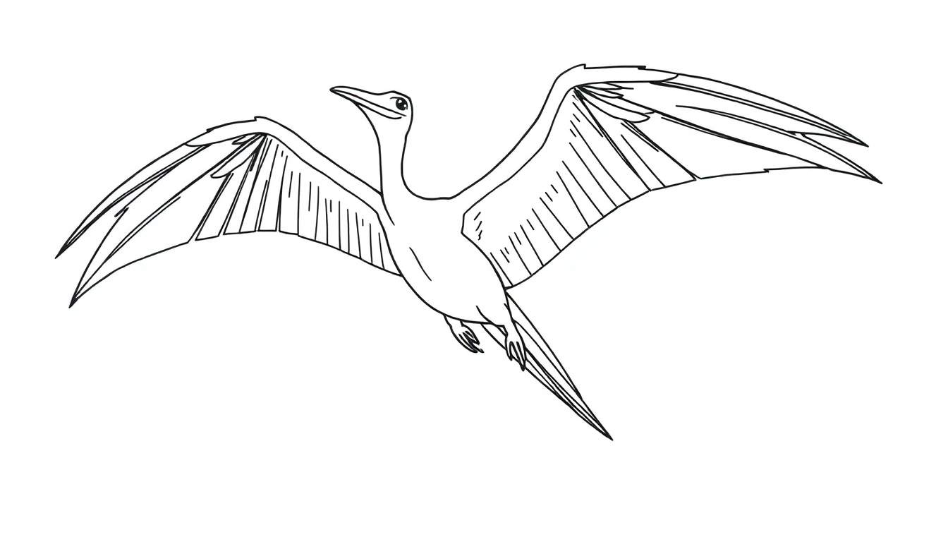 Desenho em preto e branco de um pterossauro a voar com asas abertas, pescoço longo e cauda afilada.