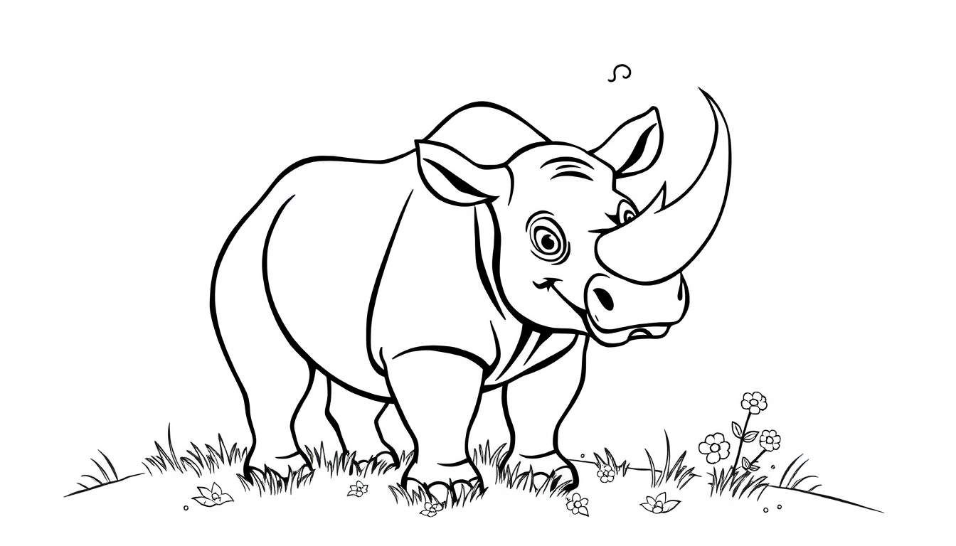Desenho em preto e branco de um rinoceronte para colorir, com um olho fechado e uma flor ao lado, sobre relva. Símbolo curvo no ar.