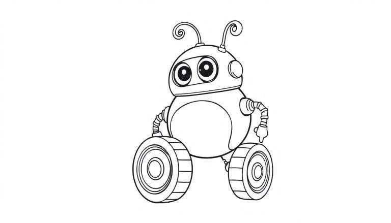 Desenho a preto e branco de um robô pequeno e simpático com olhos grandes, antenas enroladas e rodas.