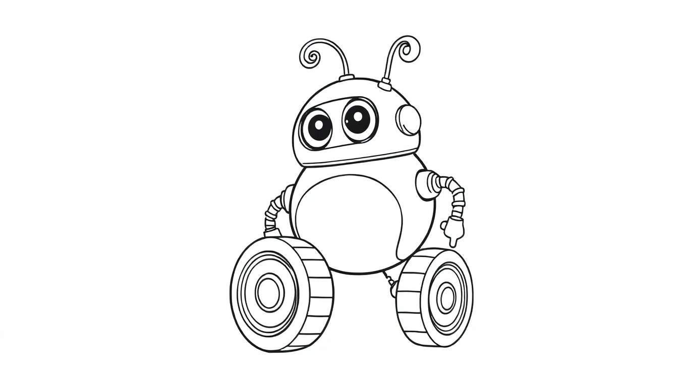 Desenho a preto e branco de um robô pequeno e simpático com olhos grandes, antenas enroladas e rodas.