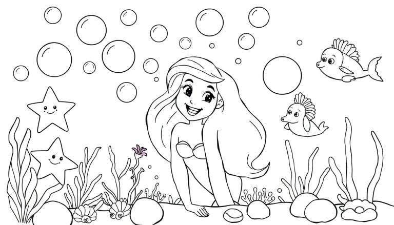 Desenho de uma sereia sorridente com biquíni, rodeada por elementos do fundo do mar como bolhas, algas, estrelas-do-mar, conchas, rochas e peixes.