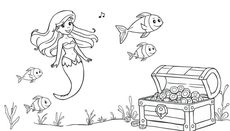 Desenho para colorir de uma sereia com peixes, nota musical e baú de tesouro no fundo do mar.