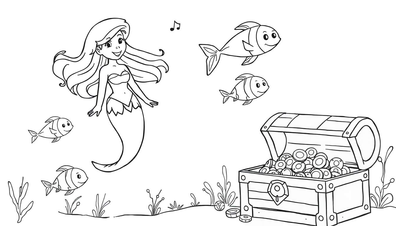 Desenho para colorir de uma sereia com peixes, nota musical e baú de tesouro no fundo do mar.