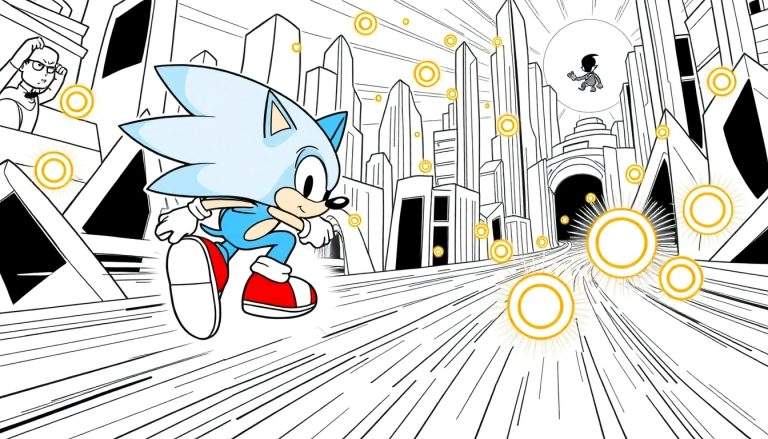 Página para colorir de um personagem azul com orelhas pontudas, correndo em direção ao espectador, com uma cidade futurista em preto e branco ao fundo e anéis dourados flutuando.