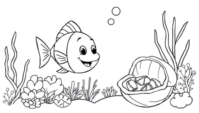 Página para colorir de uma cena subaquática com um peixe simpático à esquerda e um baú de tesouro cheio de moedas à direita, rodeado por algas e corais.