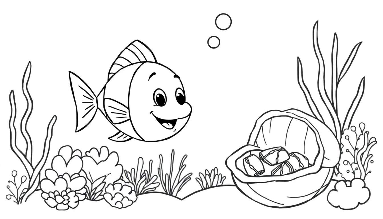 Página para colorir de uma cena subaquática com um peixe simpático à esquerda e um baú de tesouro cheio de moedas à direita, rodeado por algas e corais.