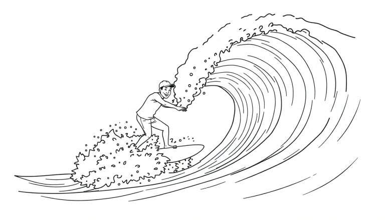 Página para colorir de um surfista a surfar uma grande onda com muita espuma e água a saltar, vestindo boné e t-shirt.