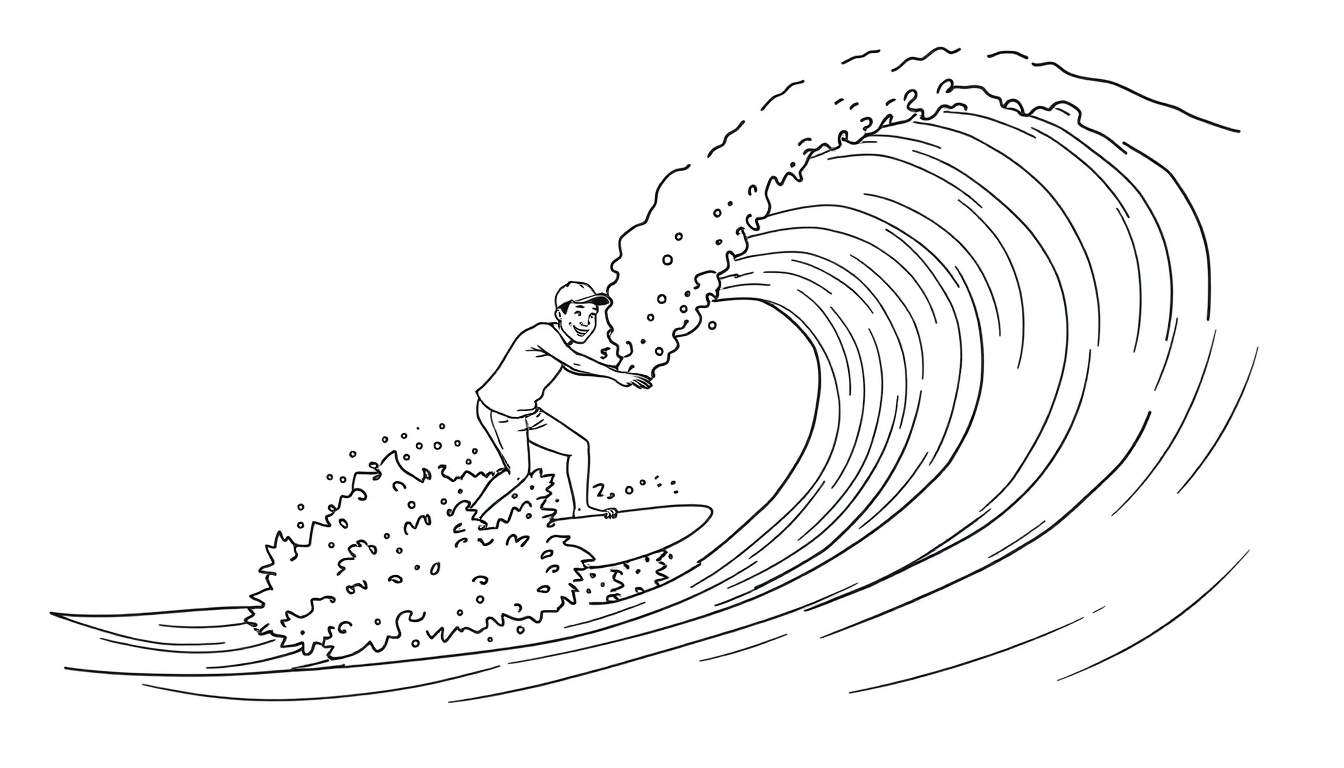 Página para colorir de um surfista a surfar uma grande onda com muita espuma e água a saltar, vestindo boné e t-shirt.