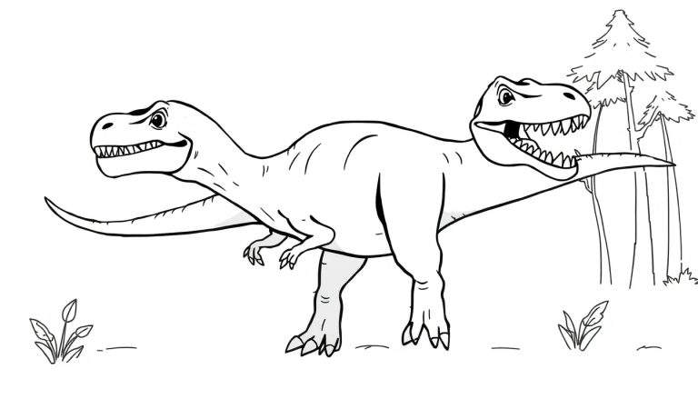 Desenho de página para colorir de dois Tyrannosaurus Rex com a boca aberta e dentes afiados em uma paisagem com plantas e árvores.