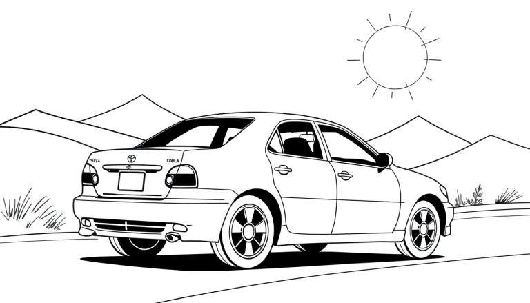 Desenho a traço de um carro sedan Toyota Corolla estacionado numa estrada, com montanhas e sol ao fundo. A traseira do carro está visível, mostrando a marca 'TOYOTA' e o modelo 'COROLLA'.