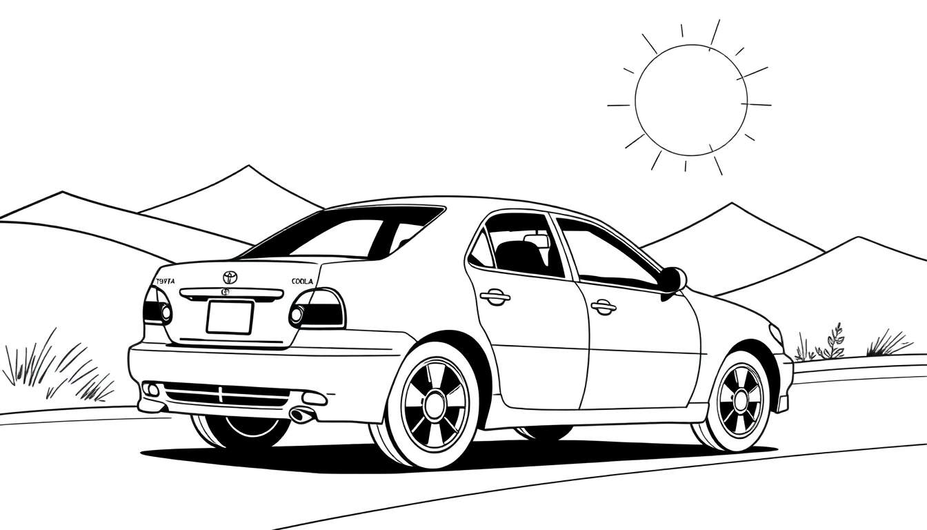 Desenho a traço de um carro sedan Toyota Corolla estacionado numa estrada, com montanhas e sol ao fundo. A traseira do carro está visível, mostrando a marca 'TOYOTA' e o modelo 'COROLLA'.