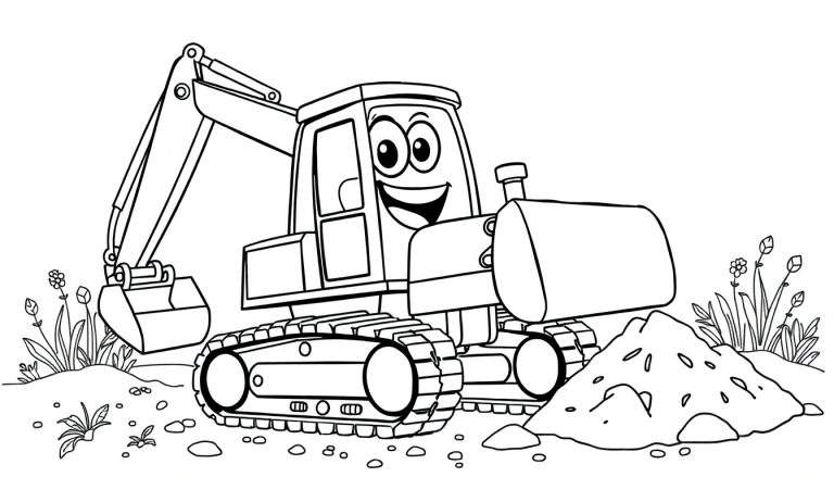 Página para colorir de um trator de brinquedo feliz em um canteiro de obras com terra e plantas.