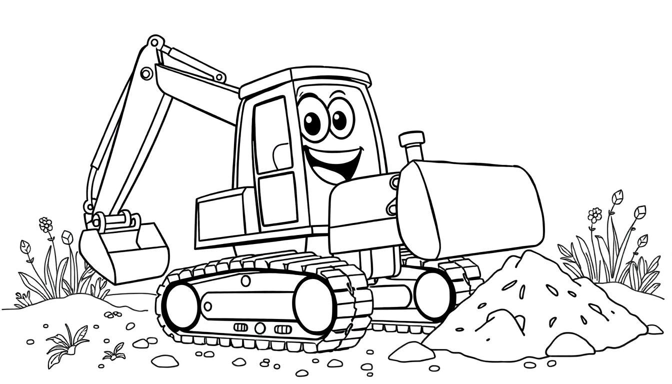 Página para colorir de um trator de brinquedo feliz em um canteiro de obras com terra e plantas.