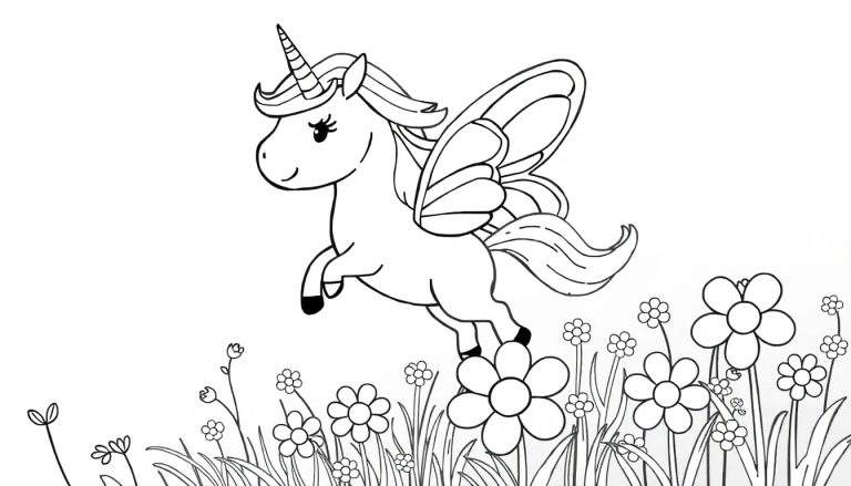 Página para colorir de um unicórnio preto e branco com asas a voar sobre um campo de flores.
