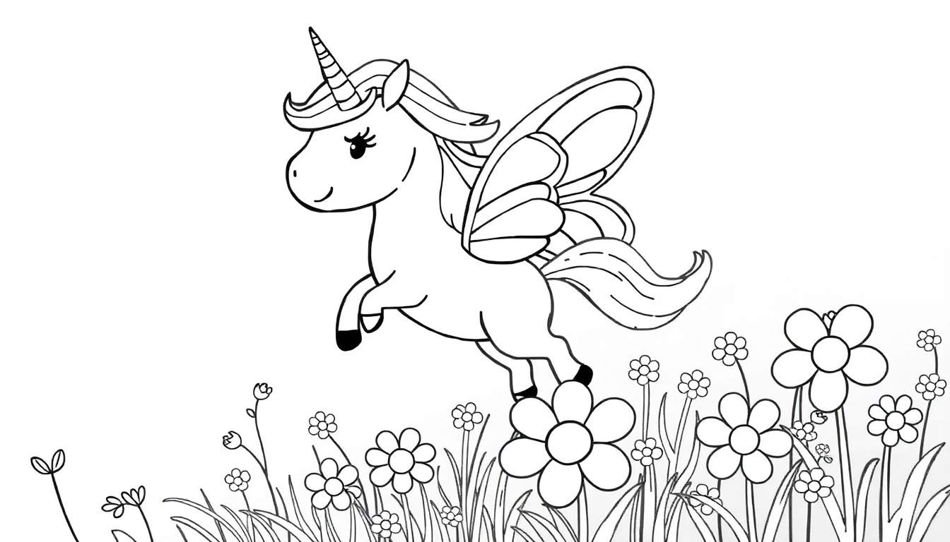 Página para colorir de um unicórnio preto e branco com asas a voar sobre um campo de flores.