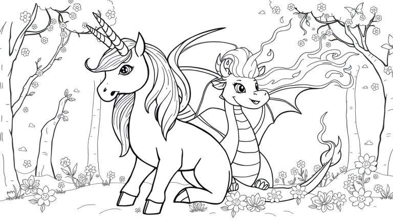Página para colorir de um unicórnio branco com crina arco-íris e um dragão verde simpático sentados juntos num campo florido com árvores e borboletas.