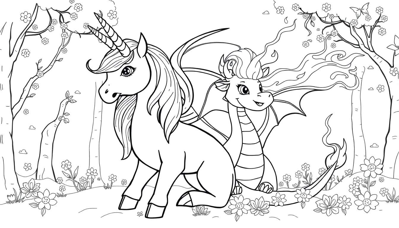 Página para colorir de um unicórnio branco com crina arco-íris e um dragão verde simpático sentados juntos num campo florido com árvores e borboletas.