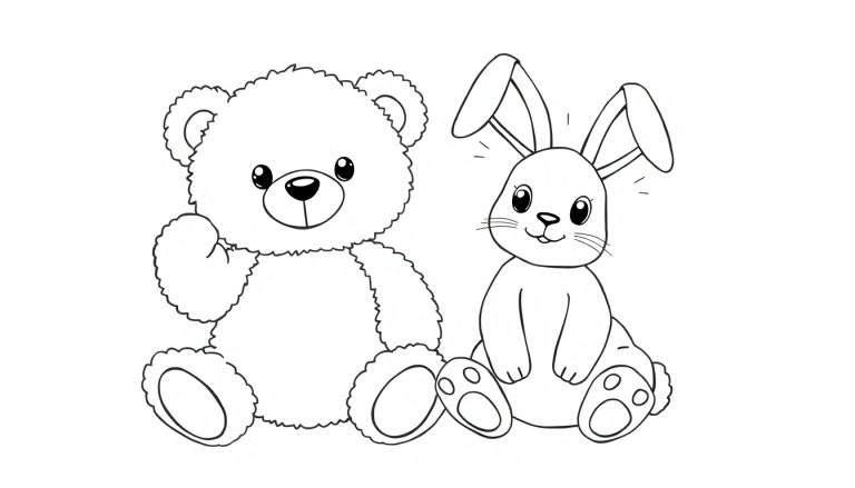 Página para colorir de um urso de pelúcia acenando e um coelho sentado.