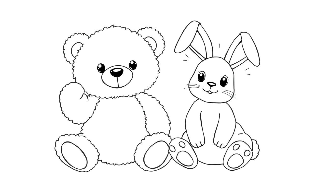 Página para colorir de um urso de pelúcia acenando e um coelho sentado.