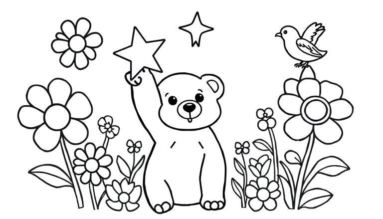 Página para colorir de um urso fofo a segurar uma estrela, com flores, plantas e um pássaro.