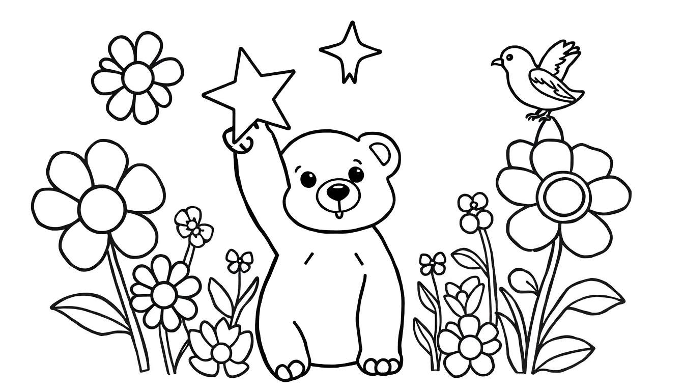 Página para colorir de um urso fofo a segurar uma estrela, com flores, plantas e um pássaro.