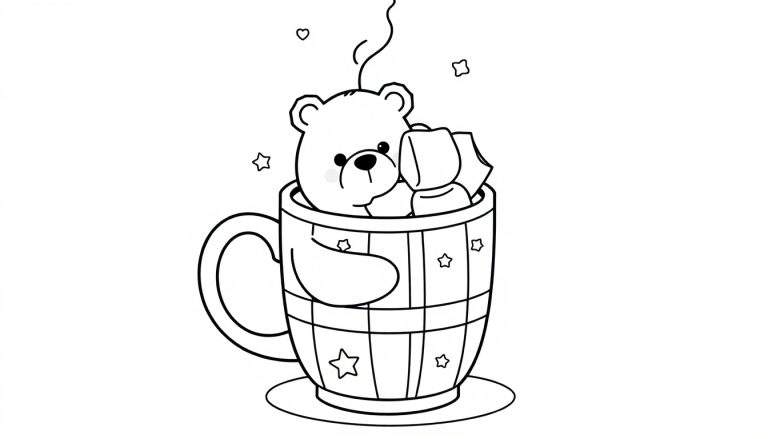 Página para colorir de um urso fofo deitado numa caneca de madeira decorada com estrelas, rodeado por marshmallows.