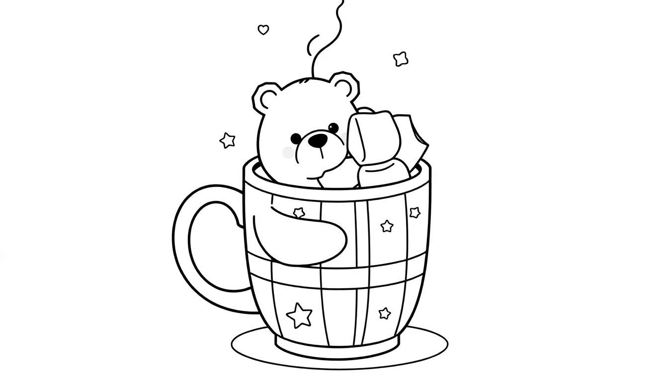 Página para colorir de um urso fofo deitado numa caneca de madeira decorada com estrelas, rodeado por marshmallows.