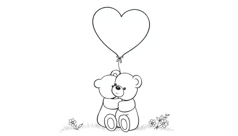 Desenho a preto e branco de dois ursinhos de pelúcia abraçando-se em um campo de grama com flores e um balão em forma de coração acima.
