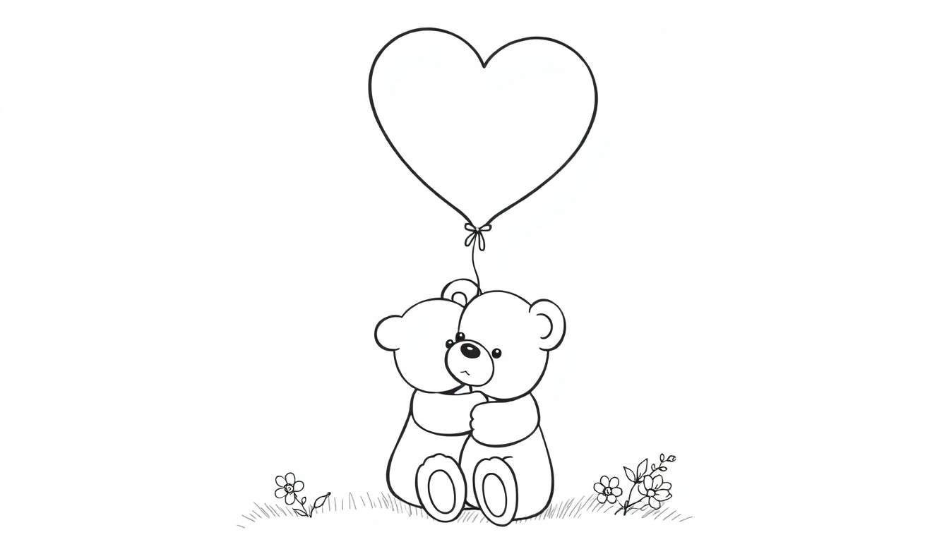 Desenho a preto e branco de dois ursinhos de pelúcia abraçando-se em um campo de grama com flores e um balão em forma de coração acima.