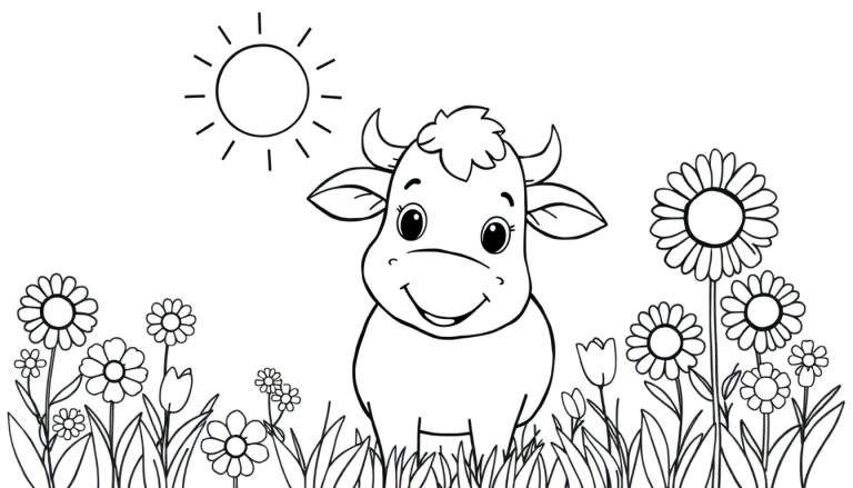 Desenho a preto e branco de uma vaca bebé sorridente num campo florido, com o sol a brilhar.