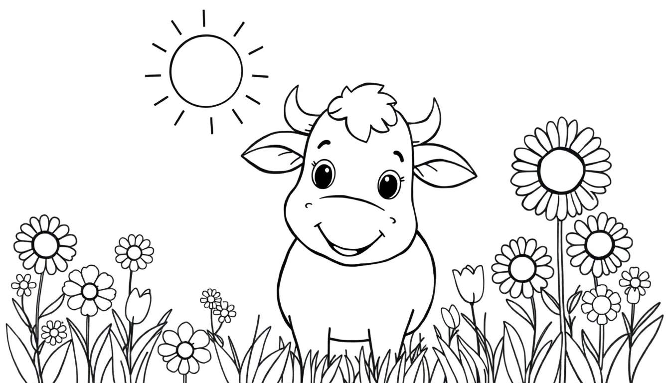 Desenho a preto e branco de uma vaca bebé sorridente num campo florido, com o sol a brilhar.