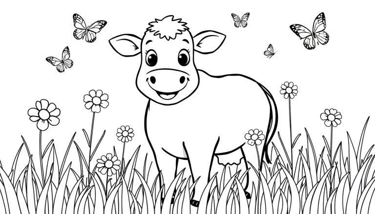 Página para colorir de uma vaca feliz num campo com flores e borboletas.
