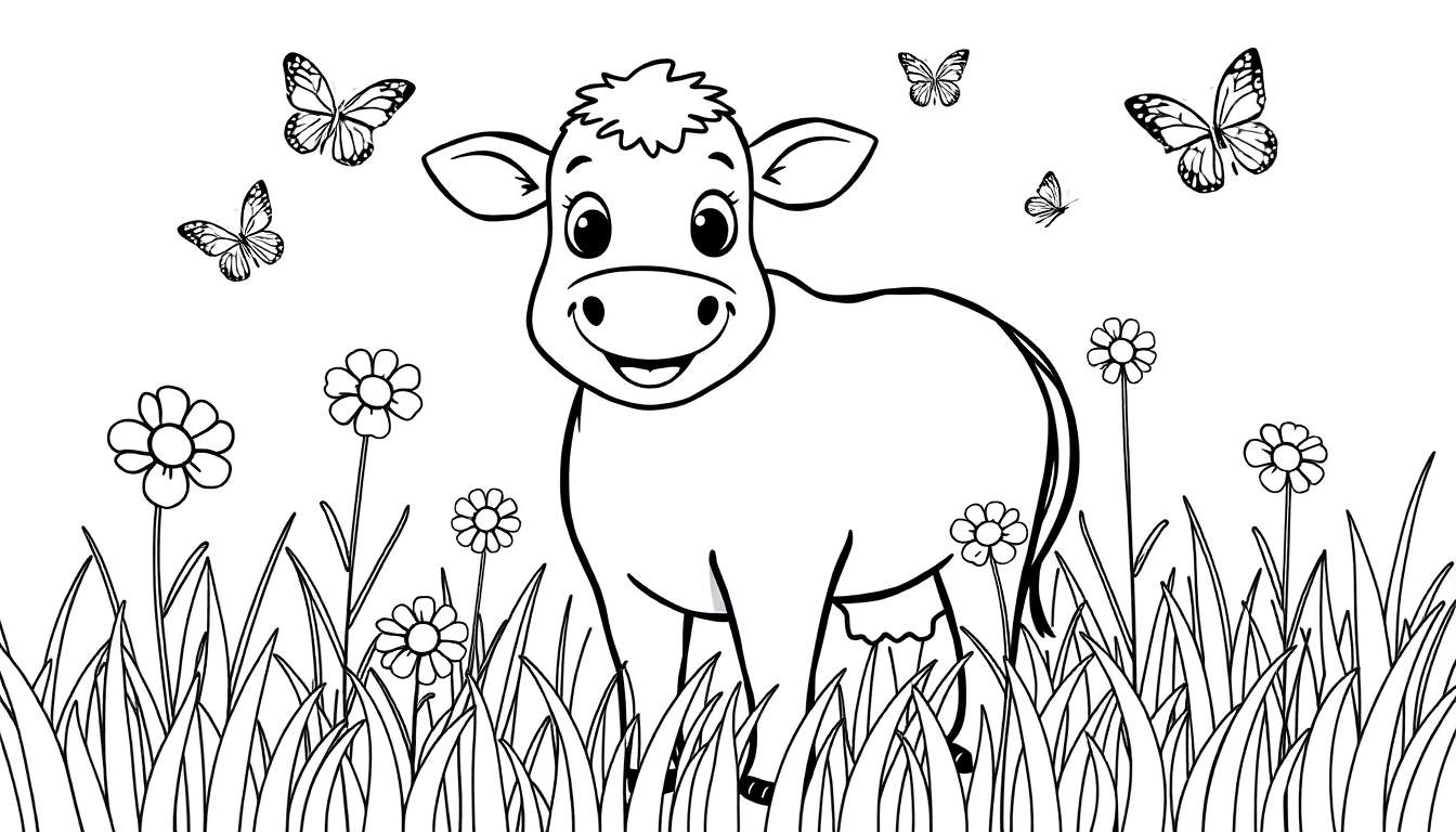 Página para colorir de uma vaca feliz num campo com flores e borboletas.