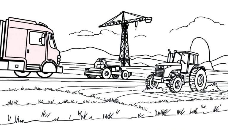 Página para colorir com três veículos num ambiente rural: camião rosa com carrinha, camião-cisterna com grua e trator a arar, com montanhas e nuvens ao fundo.