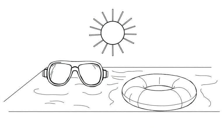 Página para colorir com desenho a preto e branco de um sol no céu e óculos de natação e boia sobre a linha da água.