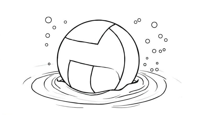 Desenho a preto e branco de uma bola de voleibol a flutuar na água, com bolhas e ondulações.