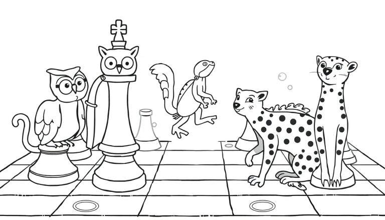 Página para colorir com animais em um jogo de xadrez. Um corujão de óculos é peão, um rei coruja, um lagarto salta e guepardos atacam. Fundo com bolhas.