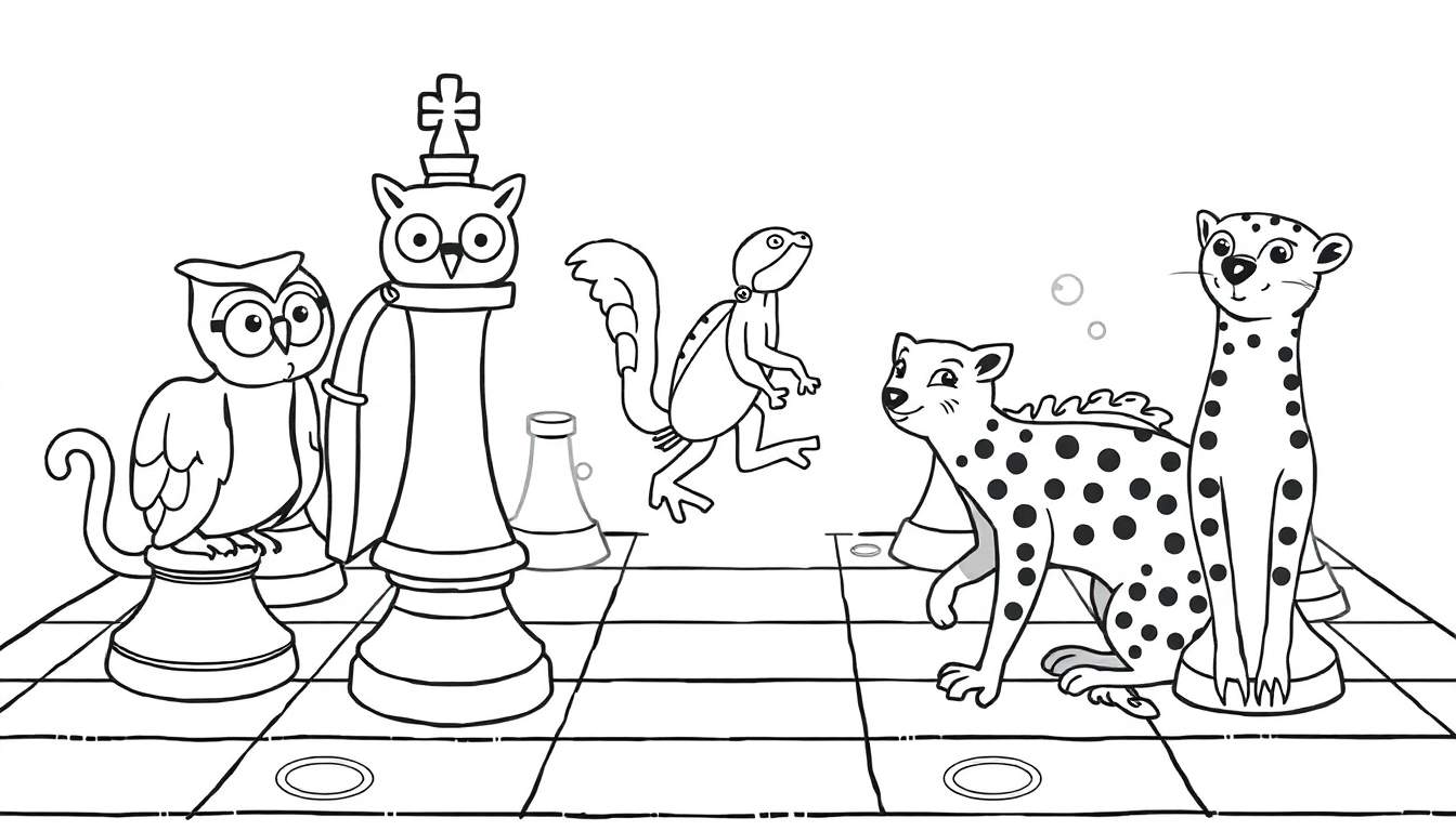 Página para colorir com animais em um jogo de xadrez. Um corujão de óculos é peão, um rei coruja, um lagarto salta e guepardos atacam. Fundo com bolhas.