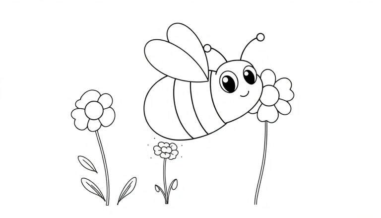 Página para colorir de uma abelha a voar para uma flor em forma de coração, com mais duas flores por perto.