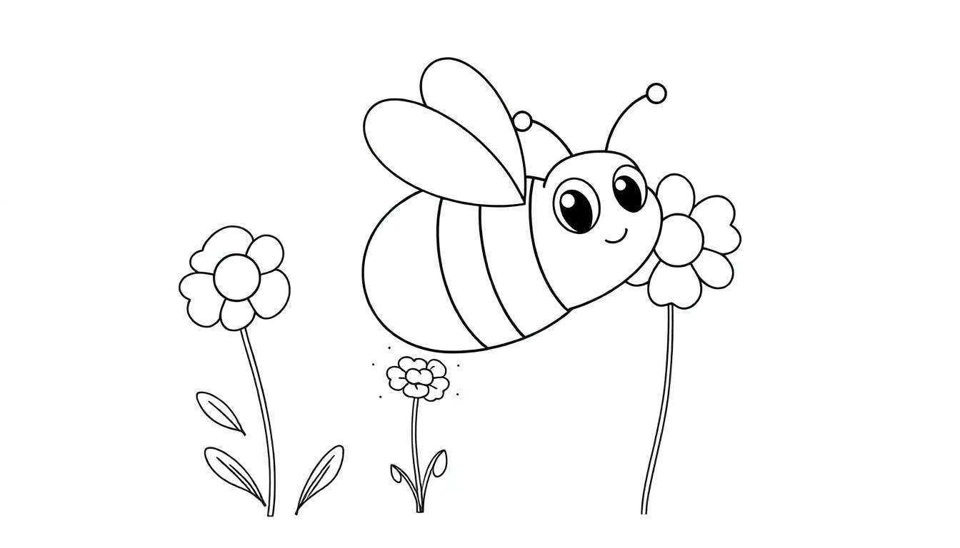 Página para colorir de uma abelha a voar para uma flor em forma de coração, com mais duas flores por perto.