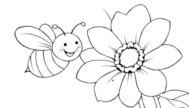 Página para colorir de uma abelha de desenho animado com listras pretas e amarelas e asas voando em direção a uma grande flor com pétalas.