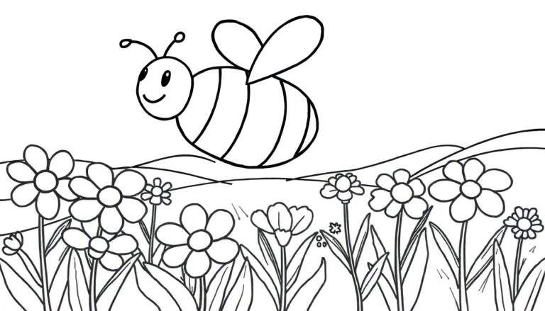 Página para colorir de uma abelha feliz voando sobre um campo de flores coloridas com montanhas ao fundo.