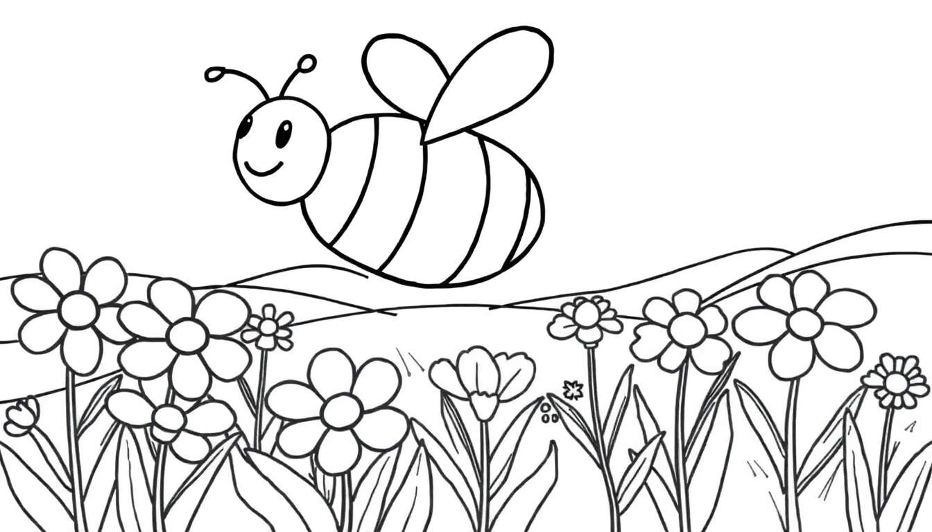 Página para colorir de uma abelha feliz voando sobre um campo de flores coloridas com montanhas ao fundo.