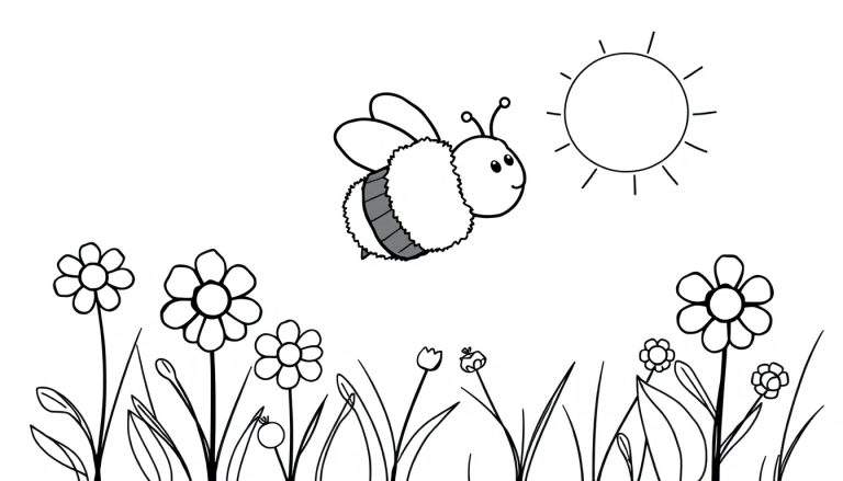 Página para colorir de uma abelha a voar sobre flores com o sol a brilhar.