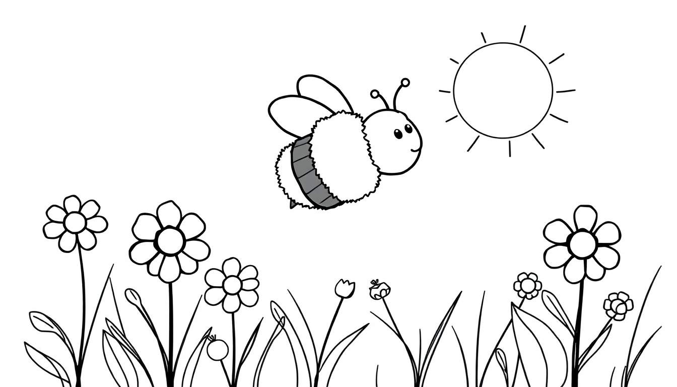 Página para colorir de uma abelha a voar sobre flores com o sol a brilhar.