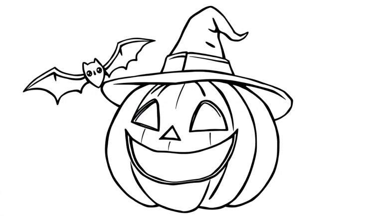 Página para colorir em preto e branco de uma abóbora de Halloween sorridente com um chapéu de bruxa pontudo e um morcego voando ao lado.